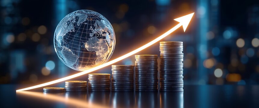 Global Economic Advancement Displayed by Coin Stacks and Upward Arrow with Transparent World Globe Illustrating International Trade and Growing Financial Markets Worldwide