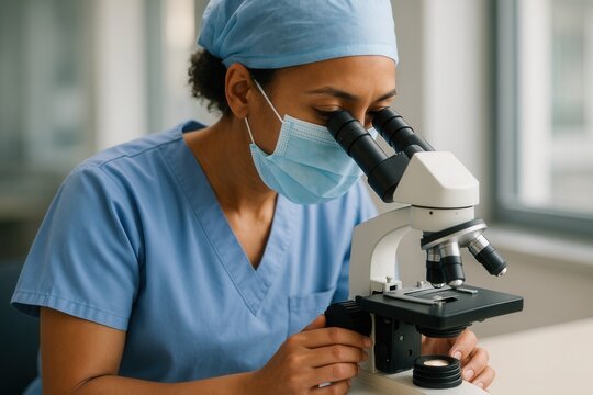 Female medical scientist using microscope in laboratory wearing mask and scrubs