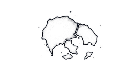 Stippled illustration of a fragmented island chain on a white background.