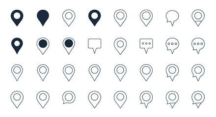 Collection of map pin and speech bubble icons in various styles.