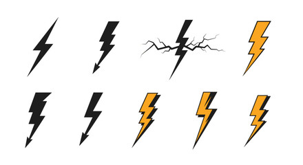 Collection of various lightning bolt icons in black and yellow colors, symbolizing energy and power.