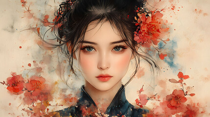 Watercolor Portrait of a Beautiful Asian Woman with Floral Accents in a Dreamy Style