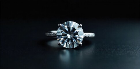 Ethereal Diamond Ring Sparkle Macro shot of a single brilliant cut diamond solitaire ring, resting on a pristine, velvety dark surface. Extreme shallow depth of field, with the diamond s facets