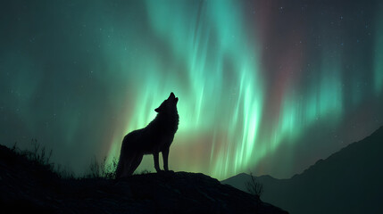 Solitary Wolf Howling Under Glowing Aurora &ndash; Majestic Arctic Night Scene, Mystical Wilderness Sky