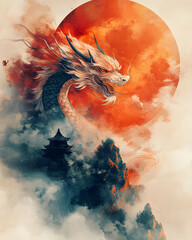 Majestic Dragon Soaring Through Clouds An Oriental Fantasy Landscape Depiction