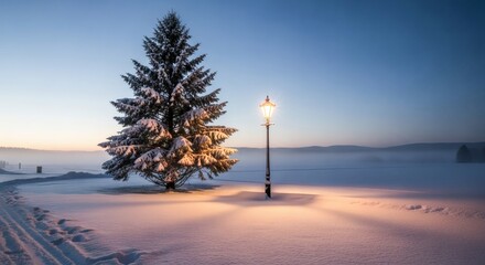Winter Snow Scene With Street Lamp Beside Snowy Pine Tree Under Twilight Sky