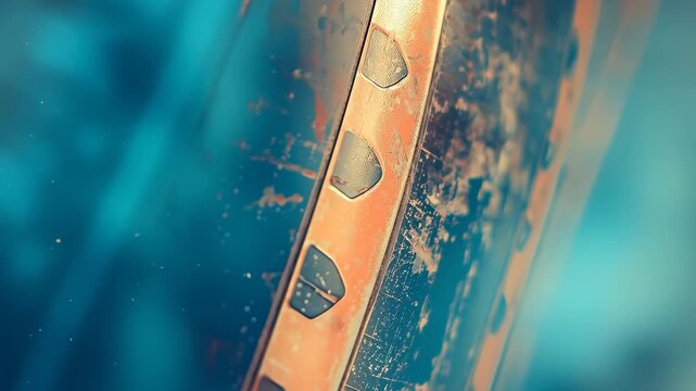 Abstract close up of weathered industrial metal panels with rivets and diagonal seams, featuring vivid blue and orange gradient lighting, textured surface and moody atmosphere