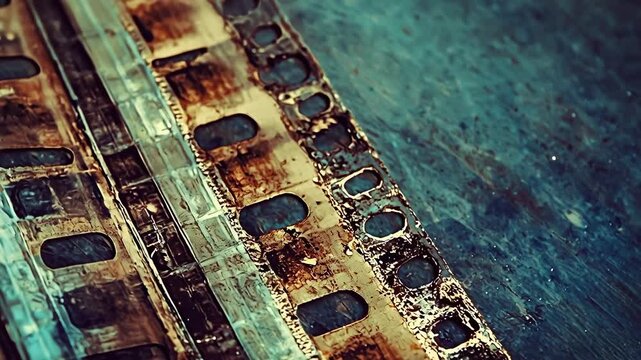 Close-up of an old rusty film strip with perforated frames laid on a weathered blue wooden surface, showcasing texture, decay, vintage cinema nostalgia, and industrial patina