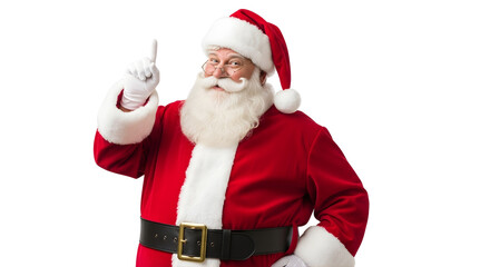 A cheerful Santa Claus with a white beard, red suit, and hat, smiles while pointing his index finger upwards against a plain transparent  background.

