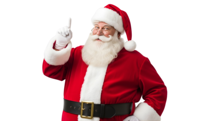 A cheerful Santa Claus with a white beard, red suit, and hat, smiles while pointing his index finger upwards against a plain transparent  background.
