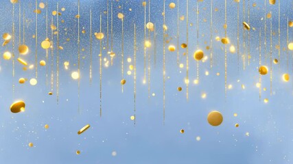 Shimmering gold confetti and floating orbs cascade over a blue background, creating a festive celebration scene ideal for events, parties, awards, milestones and success visuals.