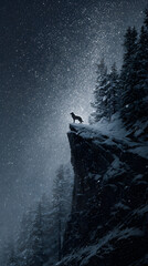 Solitary Wolf Standing on Snowy Cliff Under Stars &ndash; Night Wilderness Scene, Majestic Wildlife Portrait