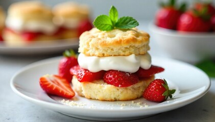 Deconstructed Strawberry Shortcake with Fresh Berries and Whipped Cream Swirls A deconstructed strawberry shortcake presented in a modern, artistic way. Show fluffy biscuit crumbs scattered on a white