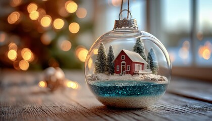 Transparent globe decoration contains miniature coastal dwelling scene with evergreen trees