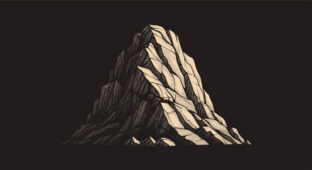 Detailed illustration of a stark, jagged mountain peak rendered in a stippling technique on a dark background.