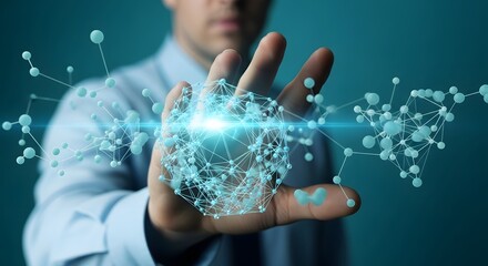 Human hand interacting with network sphere structure