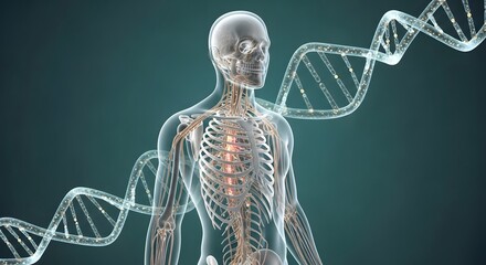 Human body visualizing glowing neural pathways and dna structure