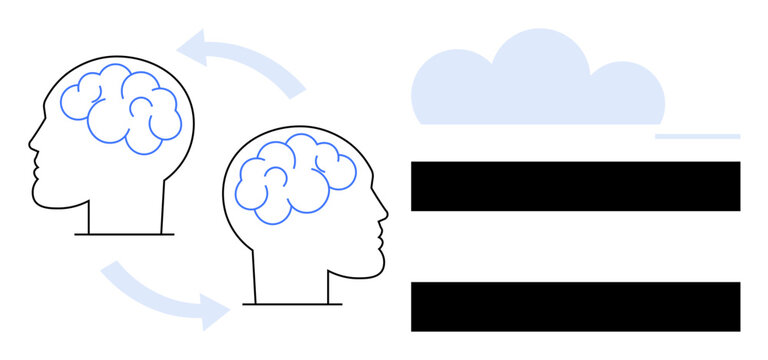 Two outlined human head profiles with brain symbols connected by arrows, emphasizing sharing ideas. A cloud and horizontal bars represent data transfer, communication, and innovation. Ideal