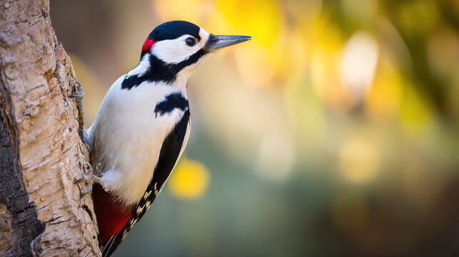 woodpecker. Woodpecker perched on tree trunk captured mid-peck in morning forest light. wildlife magazines, conservation campaigns, designed for eco-tourism storytelling.

