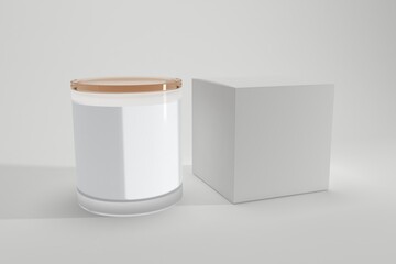 Elegant glass jar candle mockup with white box for custom branding and product presentation design templates