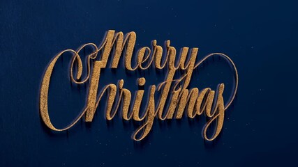 Festive gold glitter script reading Merry Christmas on a dark blue background, an elegant holiday greeting in decorative typography ideal for cards, banners, and marketing visuals