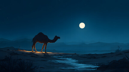 Solitary Camel Glowing Under Desert Moonlight &ndash; Enchanted Nighttime Sahara Art