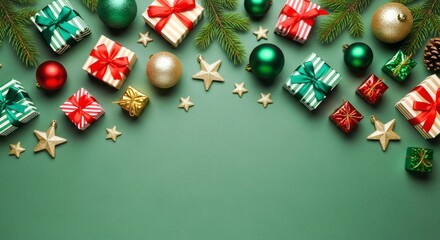 Bright gifts, metallic ornaments, and star accents frame a festive green backdrop, creating a joyful holiday mood perfect for Christmas promotions and seasonal stock imagery.