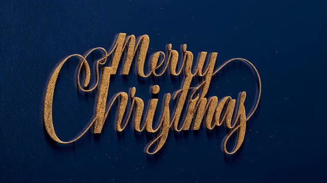 Festive gold glitter script reading Merry Christmas on a dark blue background, an elegant holiday greeting in decorative typography ideal for cards, banners, and marketing visuals