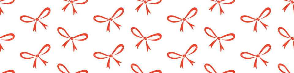 Seamless pattern with small red flat bows, ribbons. Cute fun simple abstract vector background, texture for fabric, wrapping paper, girls design