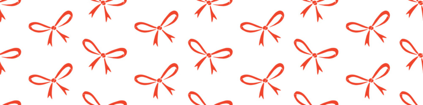 Seamless pattern with small red flat bows, ribbons. Cute fun simple abstract vector background, texture for fabric, wrapping paper, girls design