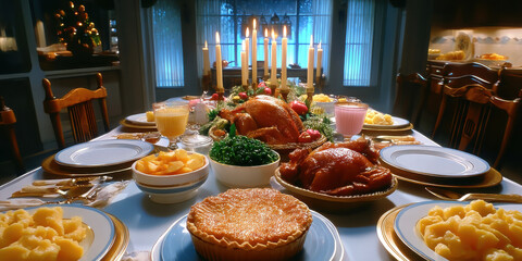 Holiday roast dinner table with candles and family style sides evoking warmth and celebration