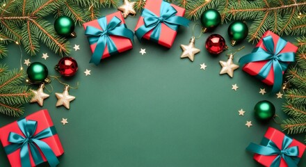 Festive Christmas centerpiece with red gift boxes tied in teal ribbons, green and red ornaments, golden stars, and pine sprigs, creating a warm holiday scene for winter family celebrations.