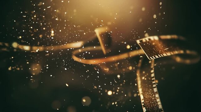 Elegant gold film reels curl through a dark backdrop with sparkling particles, cinematic texture and glow, ideal for film production, media projects, and creative branding