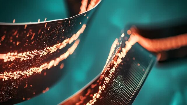 Abstract close-up of glowing curved ribbons and digital particles in teal and orange hues, resembling futuristic circuitry and data streams, conveying technology and motion