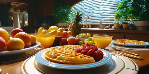 Waffle breakfast with fresh fruit and orange juice on kitchen table, bright morning dining scene with strawberries