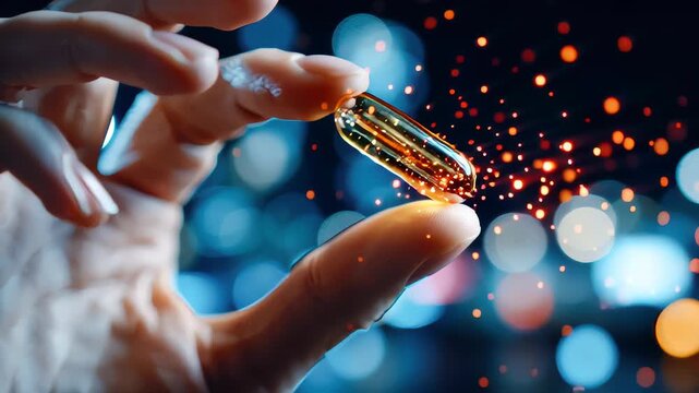 Close-up of a hand holding a glowing supplement capsule against a futuristic blurred background