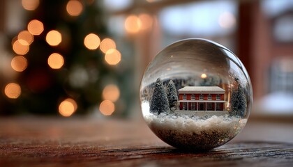 Glass sphere containing a miniature winter scene rests upon a textured wooden surface with warm background illumination