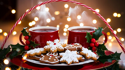 Cozy christmas scene with two mugs of hot chocolate and festive cookies