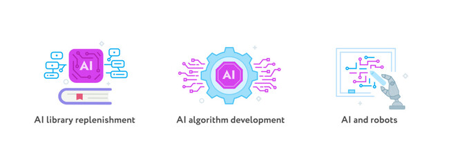 Set of illustrations concept with businessmen. technology, partnership, artificial intelligence business robot, cybes. linear illustration Icons infographics. Landing page site print poster. Line