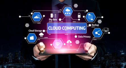 A businessman displays a tablet with cloud computing graphics emphasizing data storage, privacy, and security in a futuristic urban setting at night. Tessel