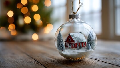 Clear glass holiday decoration showcases miniature snowy dwelling with pine trees on wooden surface