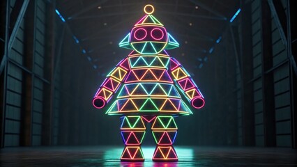 A colorful, geometric robot figure stands illuminated in a dimly lit space, showcasing vibrant neon lights and a playful design.