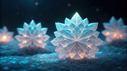 A serene scene featuring glowing, crystalline snowflakes, illuminated against a dark, snowy background, creating a magical winter atmosphere.