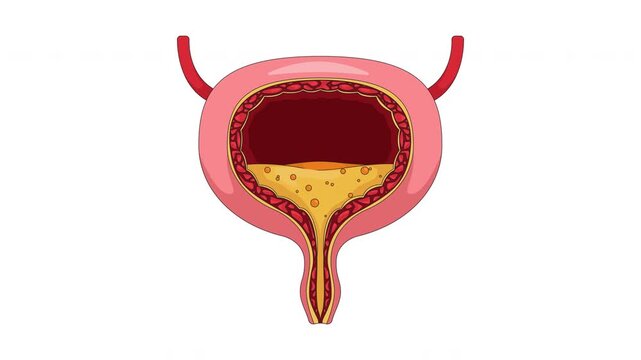 Overactive human bladder with urgency symptom cartoon animation. Urinary incontinence, spasms squeezing. Trembling walls and urine buildup animated flat 2D object 4K video isolated on white