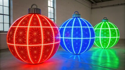 Vibrant, illuminated decorative ornaments in red, blue, and green, displayed indoors, creating a festive atmosphere.