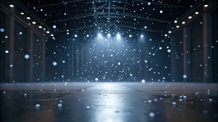 A dimly lit space filled with floating particles resembling snow, illuminated by soft blue lights, creating a mystical atmosphere.