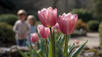 Delicate pink tulips bloom in a sunlit garden with children softly blurred in the background