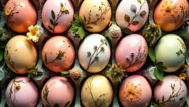 Whimsical Easter egg decorating traditions with natural elements and soft, pastel colors, no humans. An overhead shot of a collection of intricately decorated Easter eggs. The eggs are adorned with
