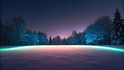 A serene winter landscape at night, featuring glowing lights illuminating a snow-covered field surrounded by trees under a starry sky.