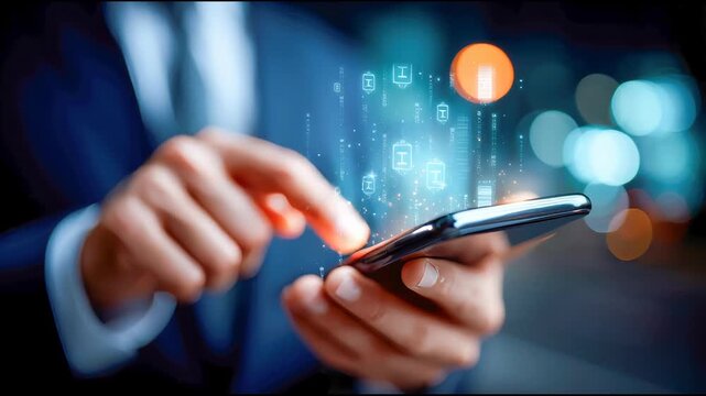 Man using a smartphone with floating compliance and approval icons, symbolizing digital workflow, verification, and modern business communication - Powered by Adobe